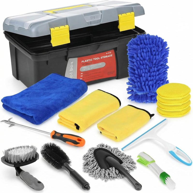 QWORK 15 Piece Complete Car Cleaning Kit for Rims, Interior and Paint with Tool Box - Image 1