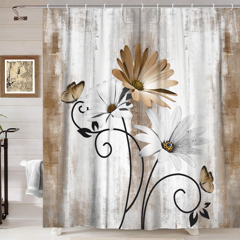 VeiVian Rustic Farmhouse Shower Curtain, Farm Tan Cream Daisy Floral Flowers and Butterfly on Country Wooden Shower Curtains for Bathroom, Beige Brown Home Decor with 12PCS Hooks, 70X70IN - Image 4