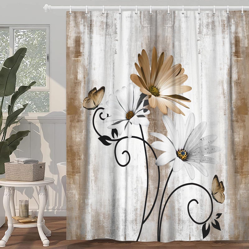 VeiVian Rustic Farmhouse Shower Curtain, Farm Tan Cream Daisy Floral Flowers and Butterfly on Country Wooden Shower Curtains for Bathroom, Beige Brown Home Decor with 12PCS Hooks, 70X70IN - Image 2