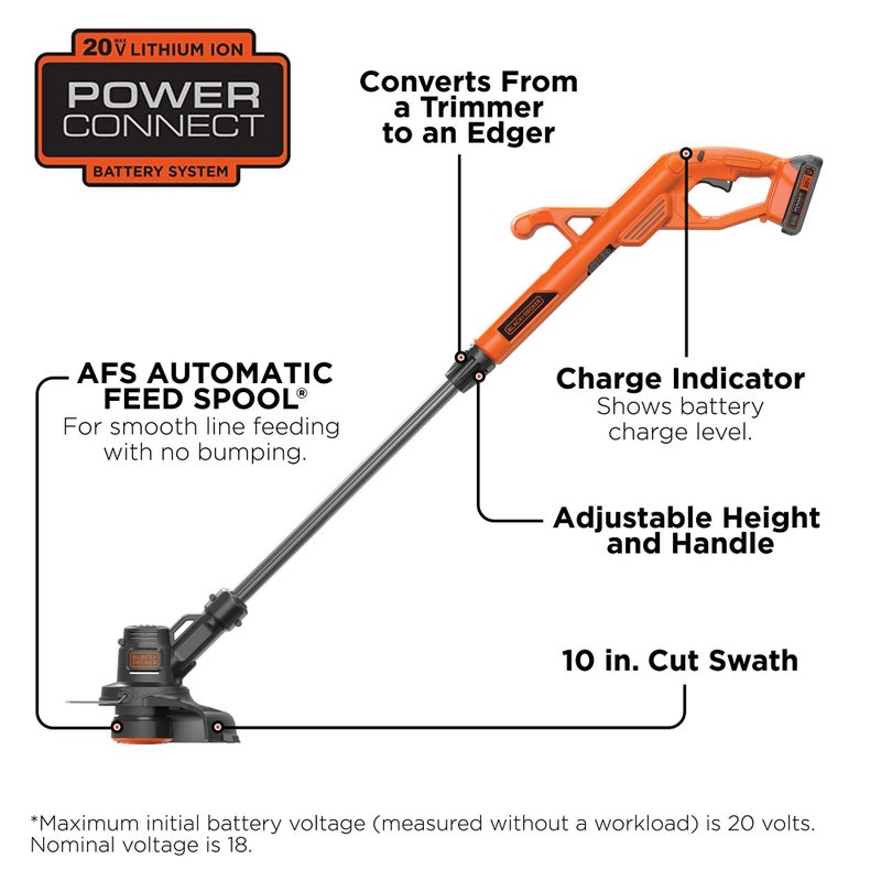 BLACK+DECKER 20V MAX String Trimmer Edger Cordless, 10-Inch Electric Weed Wacker with Automatic Feed Spool Kit (LST201) - Image 2