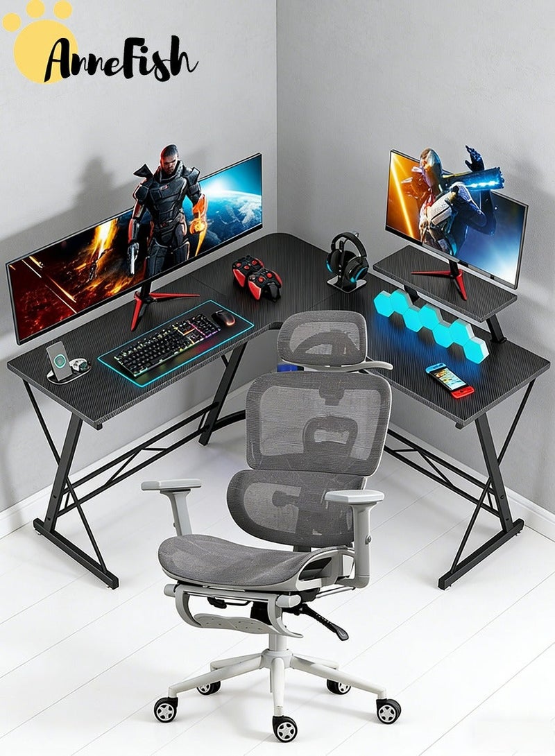 آن فش طقم مكتب وكرسي للألعاب، كرسي مكتب شبكي مريح مع مسند للقدمين ودعم قطني قابل للتعديل، مكتب ألعاب على شكل حرف L بطول 120 سم مع حامل شاشة - Image 1