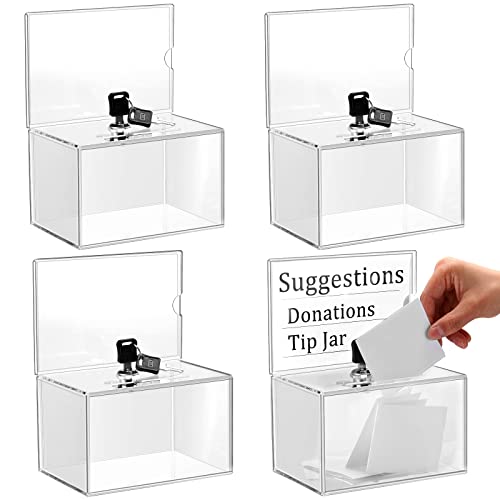 Tuanse 4 Pcs Acrylic Donation Box for Fundraising with Lock and Sign Holder, Clear Donation Box Suggestion Ballot Raffle Boxes Jar Tip Ticket Storage for Voting Charity, 6.1 x 4.3 x 3.8 inch(Clear) - Image 1