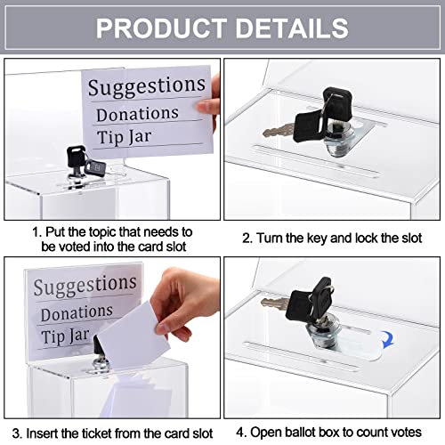 Tuanse 4 Pcs Acrylic Donation Box for Fundraising with Lock and Sign Holder, Clear Donation Box Suggestion Ballot Raffle Boxes Jar Tip Ticket Storage for Voting Charity, 6.1 x 4.3 x 3.8 inch(Clear) - Image 3