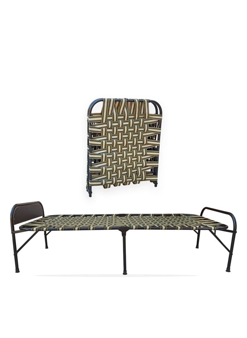 AARAM CHARPAI UDYOG AARAM CHARPAI UDYOG Folding Bed Cot for Sleeping Single Size A1 Niwar 6 Leg Supports Unique Design Space Saving Round Metal Frame Portable Lightweight with BedHead Sirhana 36X72 inch 