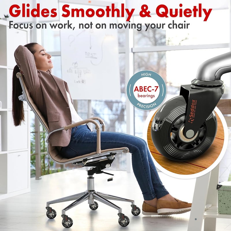 Seddox Office Chair Wheels Replacement Set - Soft Desk Chair Casters for Wood Hardwood Floors & Carpet - Heavy Duty & Safe For All Floors Without Chair Mats - Fits 98% Computer Gaming & Office Chairs - Black - Image 2