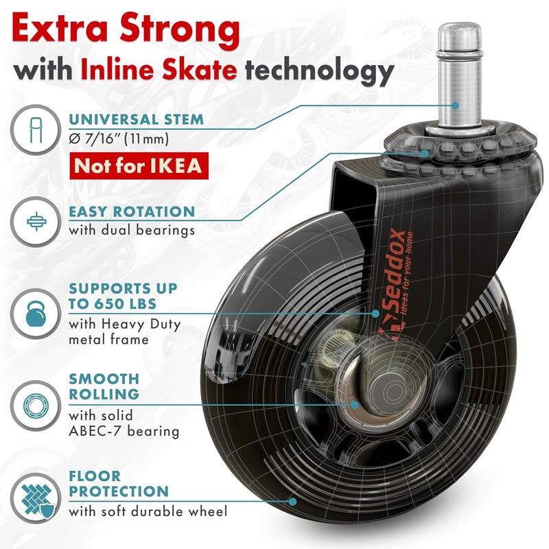 Seddox Office Chair Wheels Replacement Set - Soft Desk Chair Casters for Wood Hardwood Floors & Carpet - Heavy Duty & Safe For All Floors Without Chair Mats - Fits 98% Computer Gaming & Office Chairs - Black - Image 4