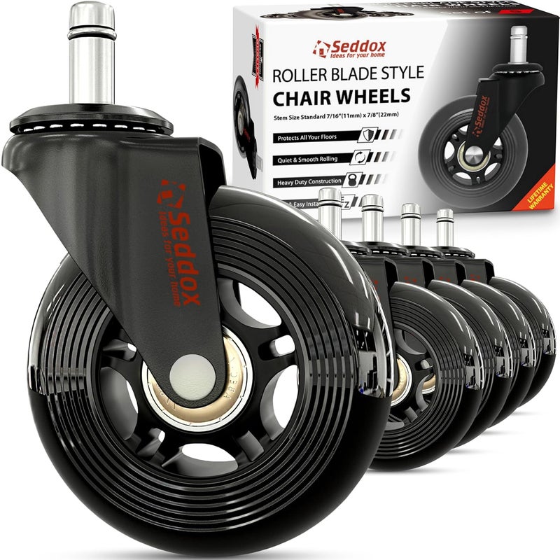 Seddox Office Chair Wheels Replacement Set - Soft Desk Chair Casters for Wood Hardwood Floors & Carpet - Heavy Duty & Safe For All Floors Without Chair Mats - Fits 98% Computer Gaming & Office Chairs - Black - Image 1