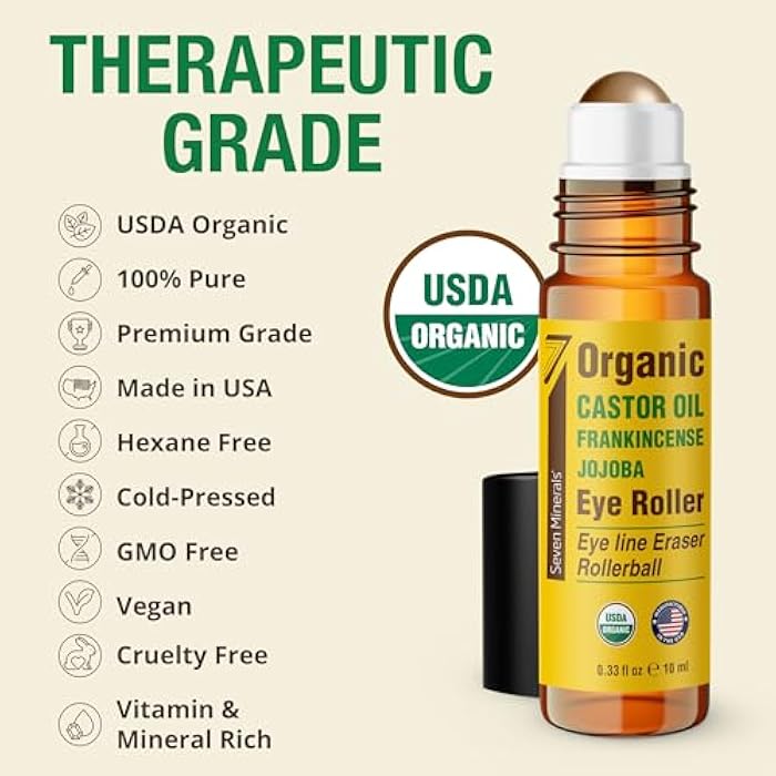 Seven Minerals Castor Oil Roll On Eye Roller for Under Eye Bags, Dark Circles & Wrinkles - Powerful Organic Blend of Castor, Frankincense & Jojoba - Brighten, and Revitalize Skin & Face - 0.33 fl oz - Image 3