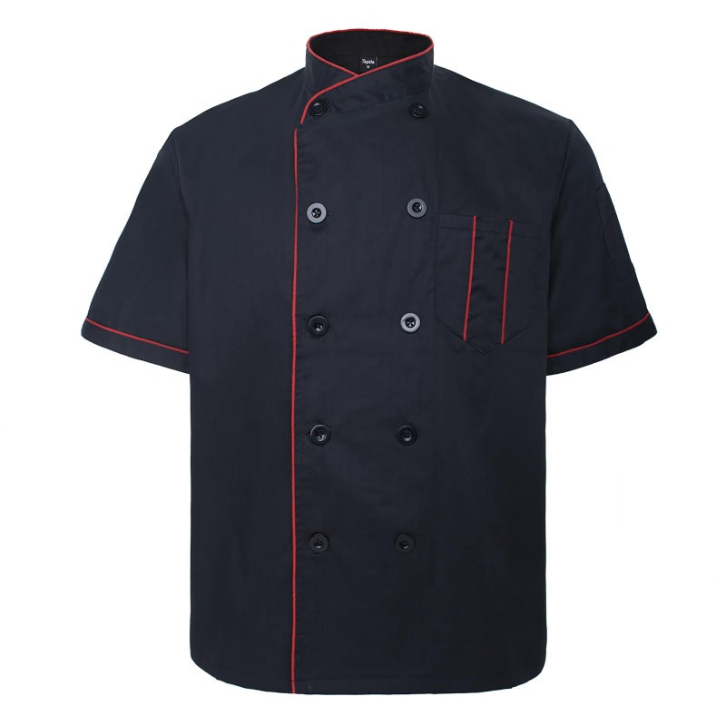 TopTie Unisex Short Sleeve Chef Coat Jacket, Black with Red - Image 1