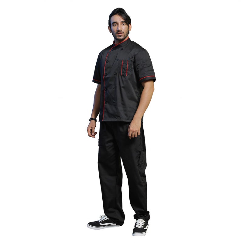 TopTie Unisex Short Sleeve Chef Coat Jacket, Black with Red - Image 5