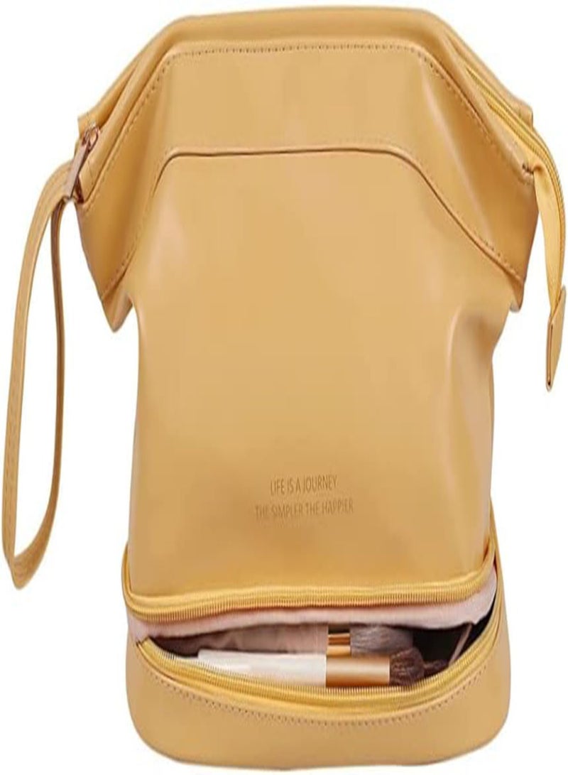 GGOOT Double Layer Cosmetic Bag PU Large Capacity Travel Makeup Bag Cosmetic Pouch with Handle and Divider Makeup Organizer for Women(Cream Yellow)  - Image 3