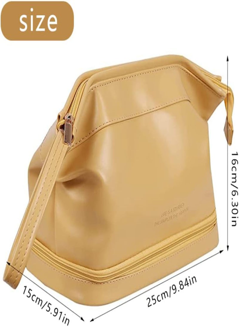 GGOOT Double Layer Cosmetic Bag PU Large Capacity Travel Makeup Bag Cosmetic Pouch with Handle and Divider Makeup Organizer for Women(Cream Yellow)  - Image 5