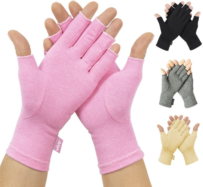Vive Pink Arthritis Hand Compression Gloves Comfortable Fit for Men and Women Open Finger for Rheumatoid Osteoarthritis and Computer Typing Pain Carpal Tunnel Support Moisture Wicking Fabric