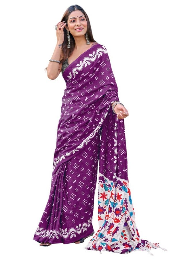 RADHA LAKSHMI ساري RADHA LAKSHMI النسائي متعدد الألوان من قطن ململ الناعم مع بلوزة غير مخيطة مطبوعة (أرجواني) - Image 1