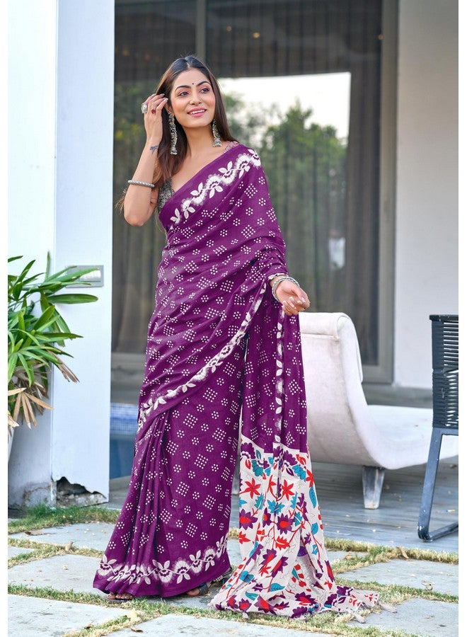 RADHA LAKSHMI ساري RADHA LAKSHMI النسائي متعدد الألوان من قطن ململ الناعم مع بلوزة غير مخيطة مطبوعة (أرجواني) - Image 2