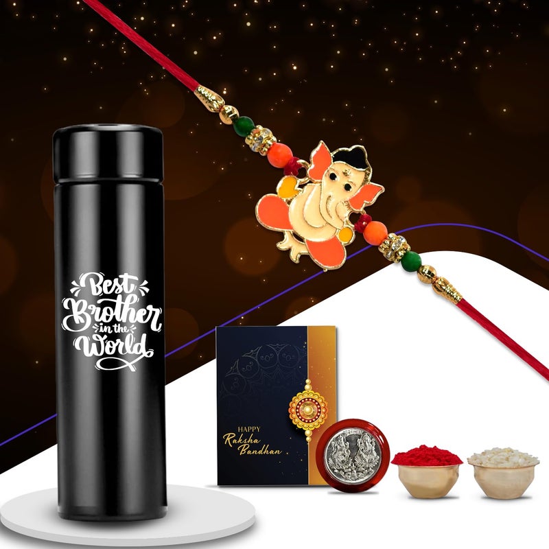 Oblivion Bottle with Rakhi Set for Brother – Ganu Ji Design Rakhi for Kids with Colorful Beads & Stainless Steel Water Bottle – Silver Color Pooja Coin & Greeting Card, Raksha Bandhan Combo for Bhai - Image 1