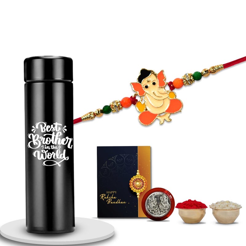 Oblivion Bottle with Rakhi Set for Brother – Ganu Ji Design Rakhi for Kids with Colorful Beads & Stainless Steel Water Bottle – Silver Color Pooja Coin & Greeting Card, Raksha Bandhan Combo for Bhai - Image 2