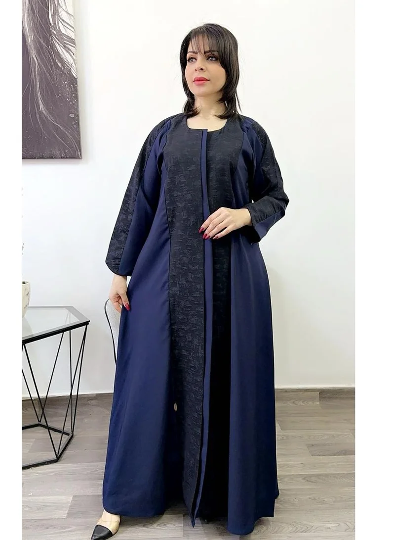فاشون لاين Fashionline عباية بتصميم فريد ورقبة دائرية مثبتة باللون الأزرق الداكن
