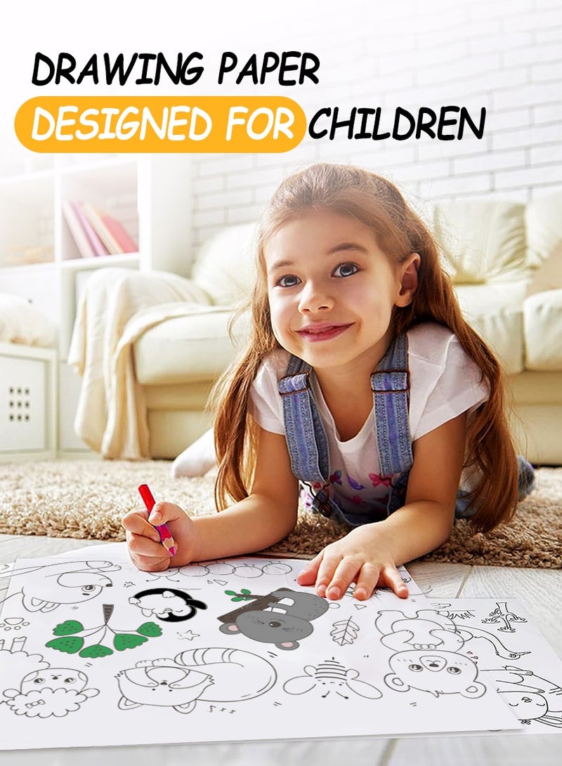 BEIRUI 2 لفات رسم للأطفال + 18 قلم زيت ملون، ورق تلوين بنمط الفضاء ونمط عالم الحيوانات، يستخدم للرسم والتلوين DIY، 30X300 سم - Image 2