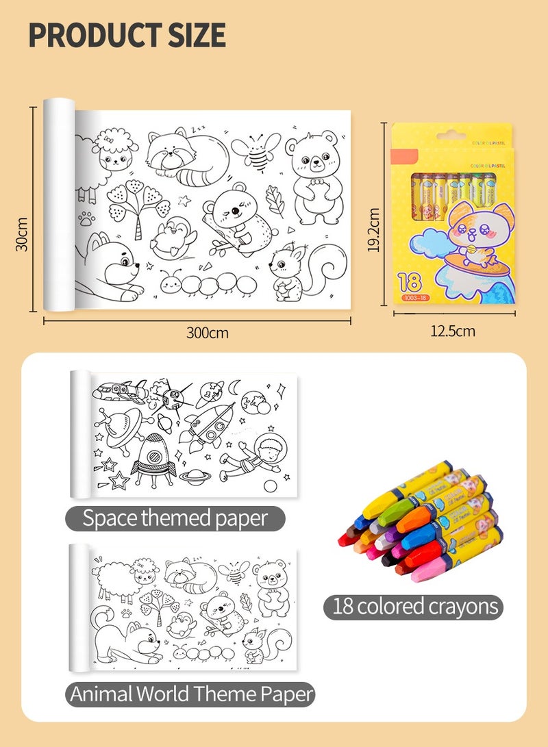 BEIRUI 2 لفات رسم للأطفال + 18 قلم زيت ملون، ورق تلوين بنمط الفضاء ونمط عالم الحيوانات، يستخدم للرسم والتلوين DIY، 30X300 سم - Image 3