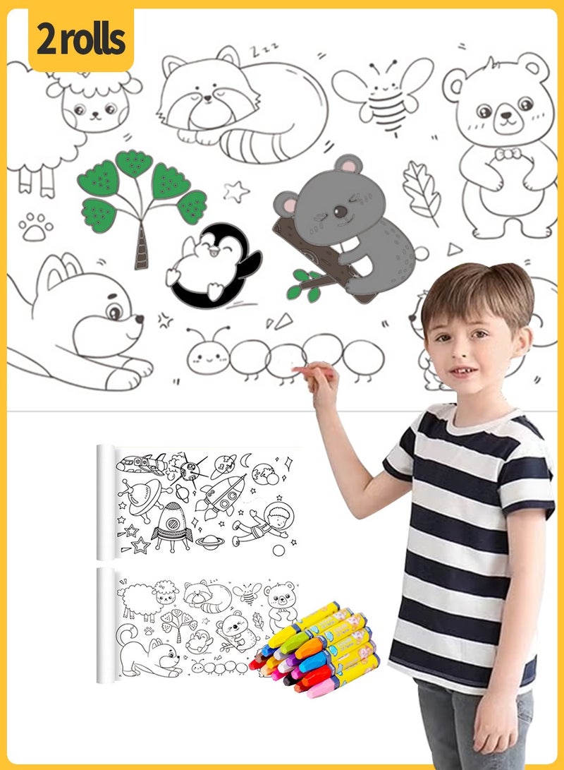 BEIRUI 2 لفات رسم للأطفال + 18 قلم زيت ملون، ورق تلوين بنمط الفضاء ونمط عالم الحيوانات، يستخدم للرسم والتلوين DIY، 30X300 سم - Image 1