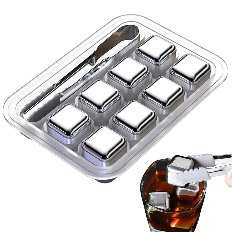 DHAVAL Dhaval Premium Stainless Steel Whiskey Stones Set of 8 Reusable Chilling Rocks with Tongs Container Perfect for Whiskey Wine Beer Ideal Gift for Drink Lovers - Image 1