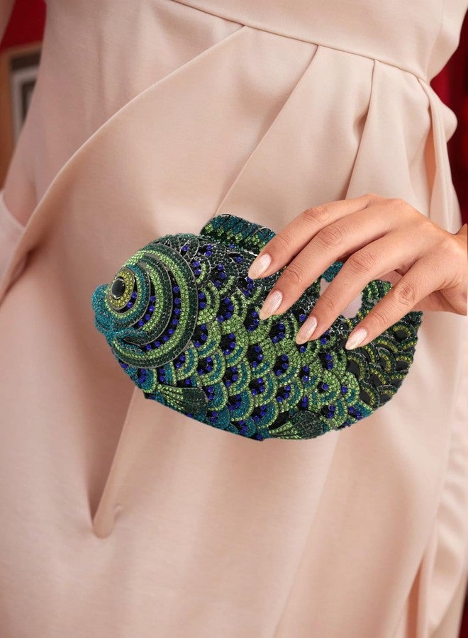 Tngan Women Mini Fish Clutch Luxury Rhinestones Purse Sparkling Banquet Handbag Wedding Party Clutch Bag, Dark Green - Image 3