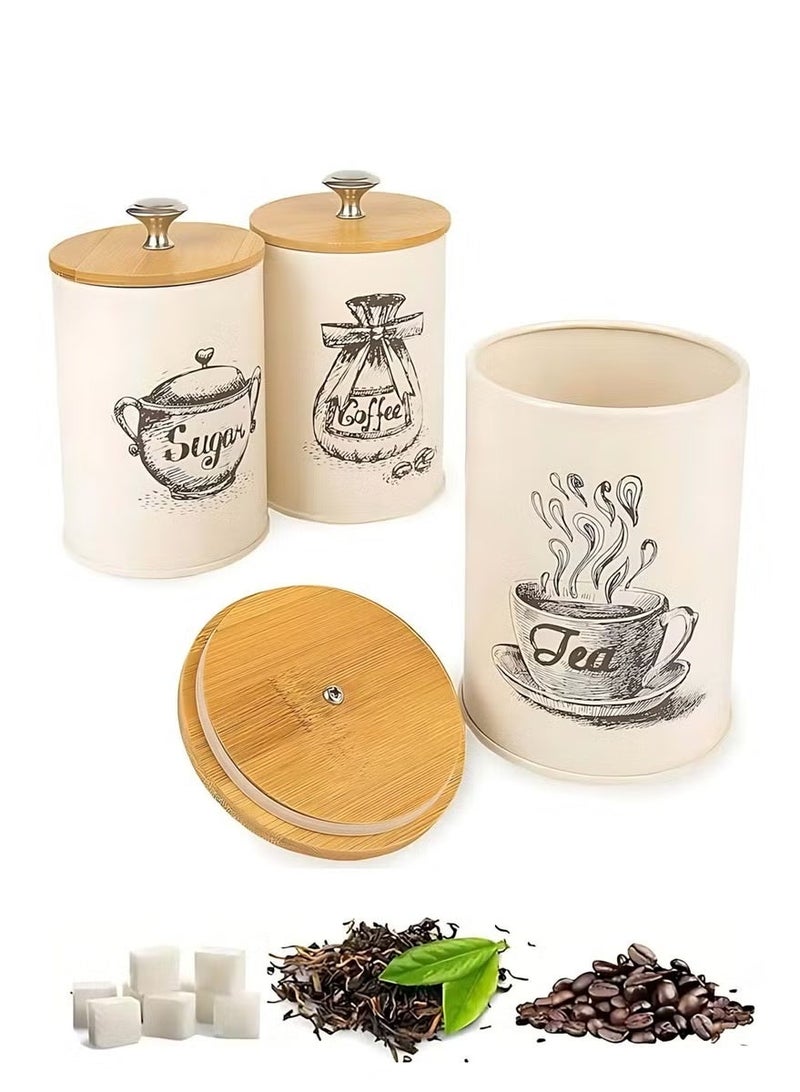 3 قطع من علب تخزين القهوة، علب تخزين حبوب القهوة والوجبات الخفيفة والشاي، مجموعة مع غطاء خشبي لعرض فني - Image 1