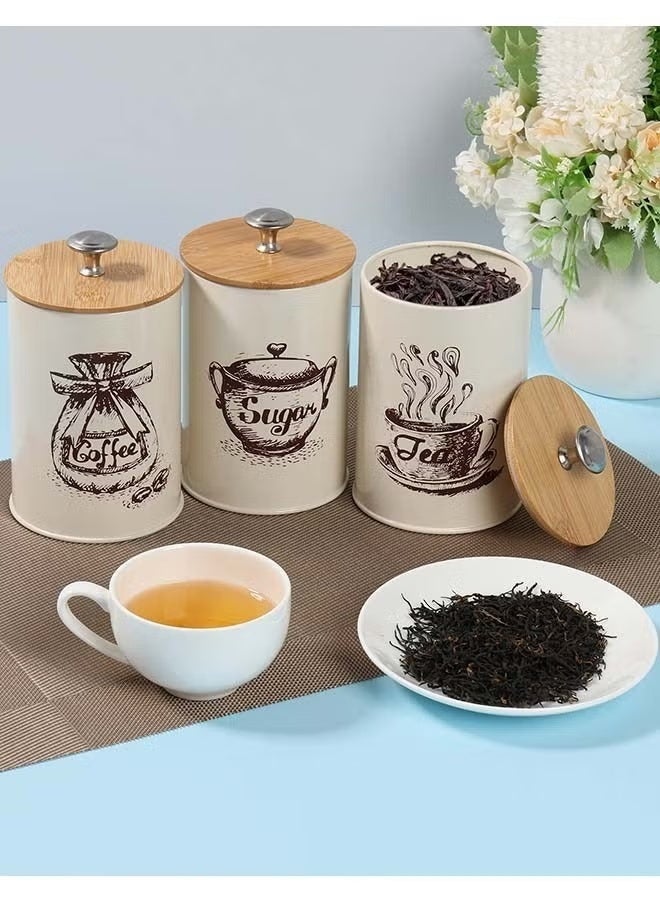3 قطع من علب تخزين القهوة، علب تخزين حبوب القهوة والوجبات الخفيفة والشاي، مجموعة مع غطاء خشبي لعرض فني - Image 3