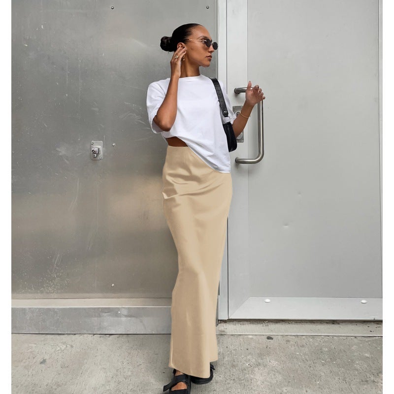 Spring 2024 Womens Imitation Acetate Satin Black Skirt Womens French Commuter Satin Dape Fishtail Skirt Long Skirt Champagne
