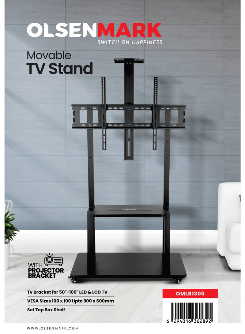 Olsenmark Movable TV Stand OMLB1300 with Projector Bracket – Supports 50” to 100” LED & LCD TVs, VESA 100×100 to 900×600 mm, Set-Top Box Shelf, Smooth Rolling Wheels, Heavy-Duty Design, Black - Image 4