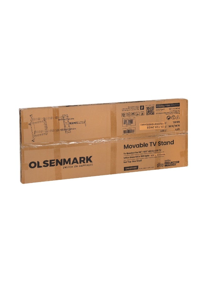 Olsenmark Movable TV Stand OMLB1300 with Projector Bracket – Supports 50” to 100” LED & LCD TVs, VESA 100×100 to 900×600 mm, Set-Top Box Shelf, Smooth Rolling Wheels, Heavy-Duty Design, Black - Image 5