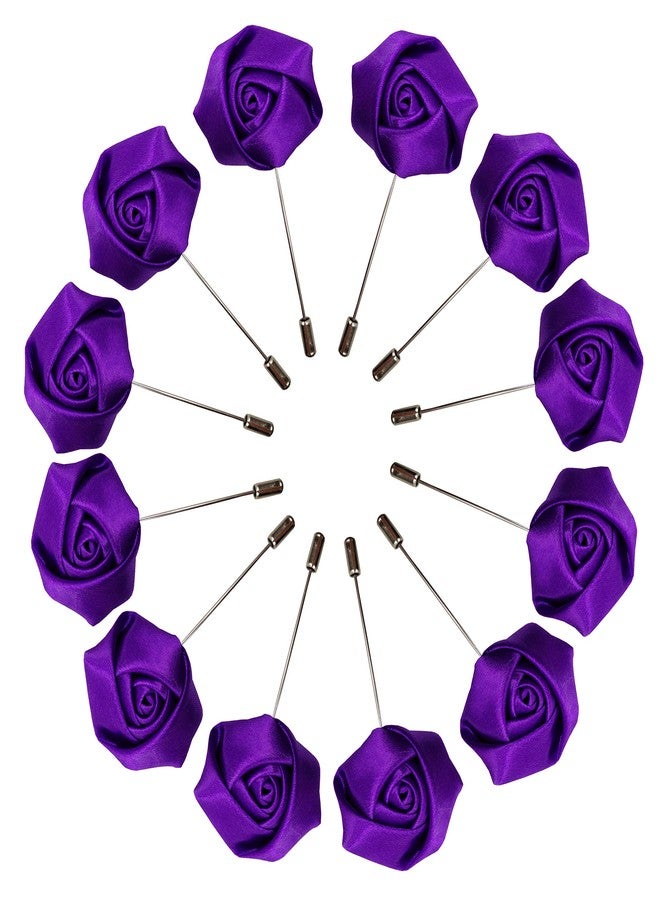 Sanrich Rose Boutonniere Men's Lapel Pins Satin Flower 12 Pack Groom Wedding Boutonniere Suit Brooch Outfit Accessories (purple) - Image 1