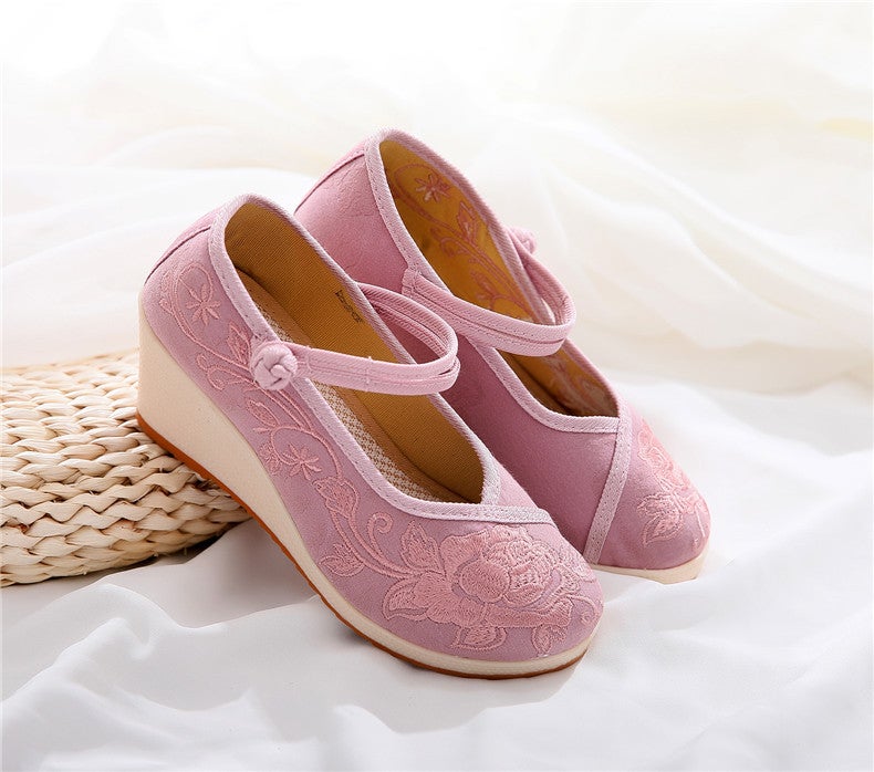 Shilixiang Full Court Fragrance Plain Brocade Antique Shoes Hanfu Ethnic Embroidered Shoes Jacquard Cotton High-Heeled Comfortable Cloth Shoes - Image 1