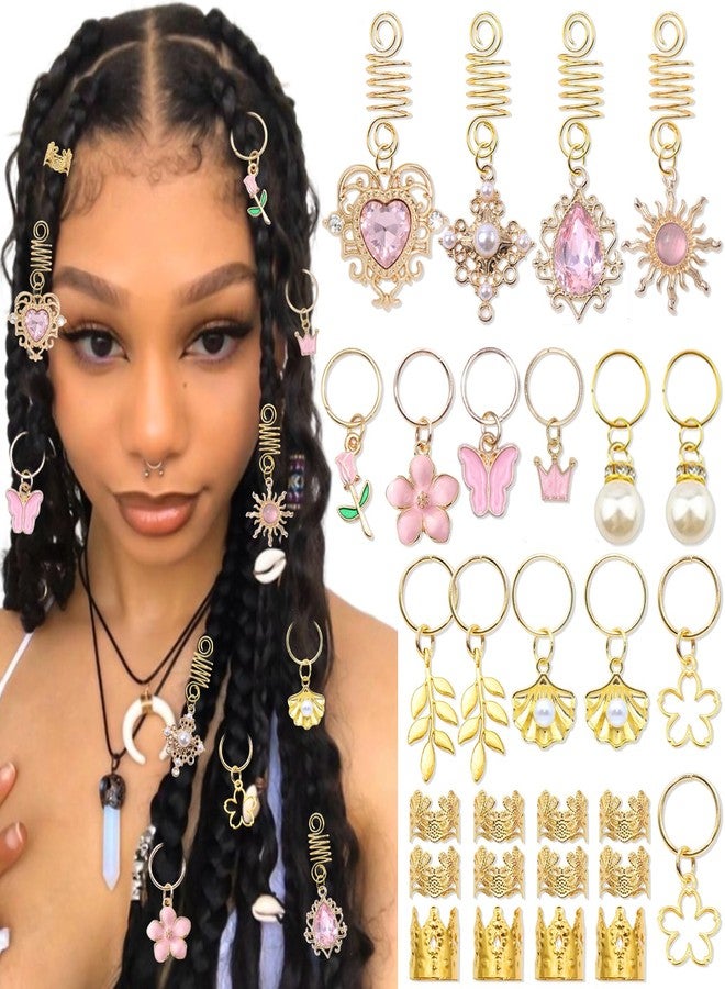 VENOFEN 36PCS Pink Crystal Hair Jewelry Butterfly Braids Clips Flower Loc Jewelry Pearl Hair Charms Gold Hair Cuffs Rings Metal Dreadlock Beads Multi Style Braids Accessories for Women and Girls - Image 1