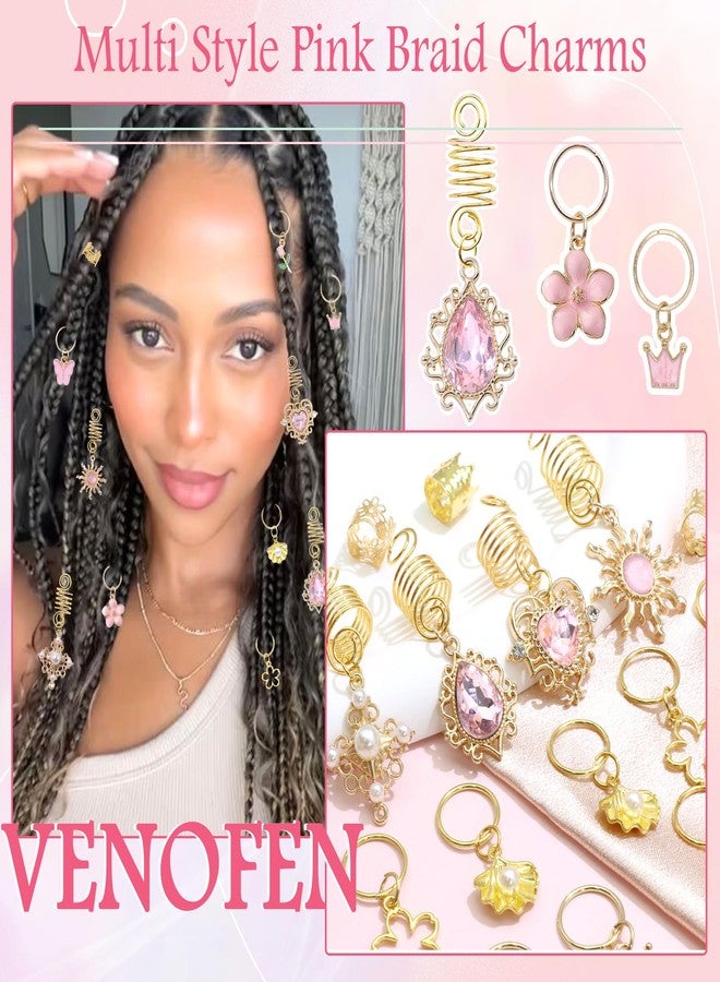 VENOFEN 36PCS Pink Crystal Hair Jewelry Butterfly Braids Clips Flower Loc Jewelry Pearl Hair Charms Gold Hair Cuffs Rings Metal Dreadlock Beads Multi Style Braids Accessories for Women and Girls - Image 5