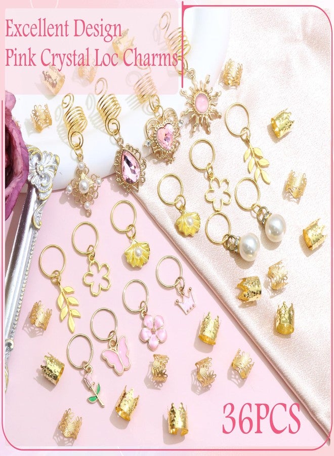 VENOFEN 36PCS Pink Crystal Hair Jewelry Butterfly Braids Clips Flower Loc Jewelry Pearl Hair Charms Gold Hair Cuffs Rings Metal Dreadlock Beads Multi Style Braids Accessories for Women and Girls - Image 2