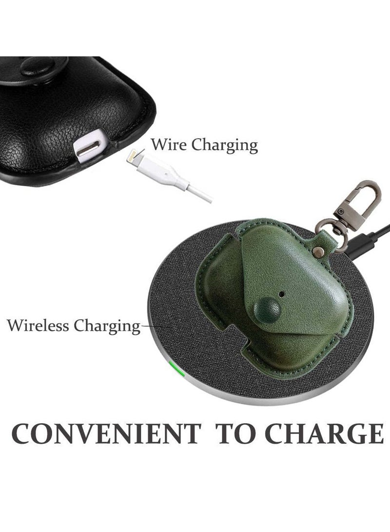 Airpods 2 Case with Keychain, Genuine Leather Protective Shockproof Scratch Resistant Soft Silicone Cover for Airpods 2rd ， Front LED Visible - Green - Image 5