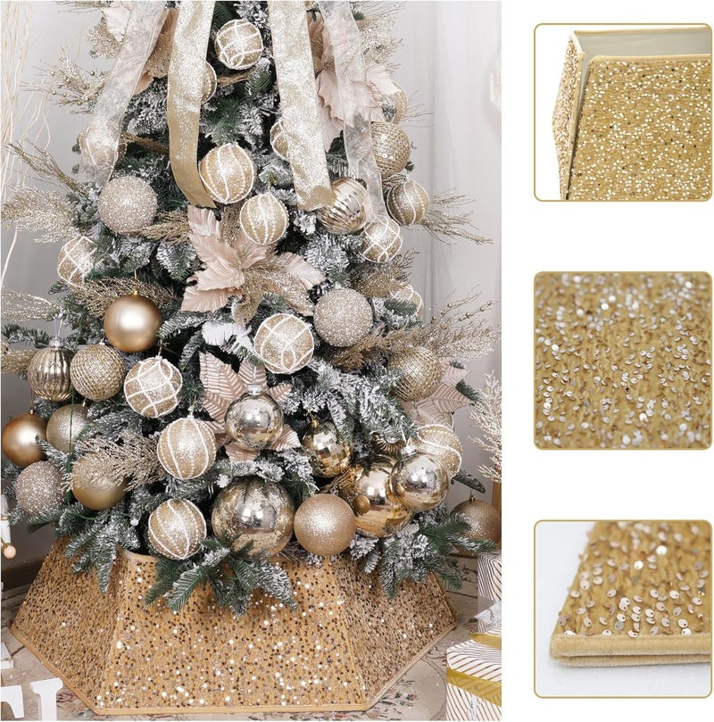 SUNSHINE DECOR طوق شجرة عيد الميلاد باللون الذهبي الشمباني مع لامع من الترتر، أطواق شجرة عيد الميلاد للأشجار الاصطناعية، تنورة شجرة عيد الميلاد بطول 33.5 بوصة، غطاء قاعدة شجرة عيد الميلاد، حلقة شجرة ديكور المنزل في العطلات (كبيرة) - Image 4