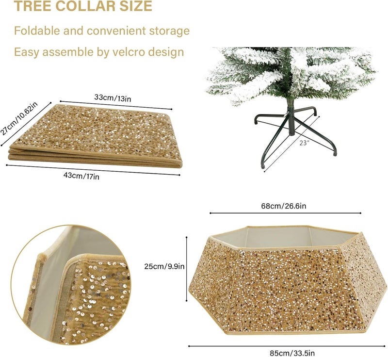 SUNSHINE DECOR طوق شجرة عيد الميلاد باللون الذهبي الشمباني مع لامع من الترتر، أطواق شجرة عيد الميلاد للأشجار الاصطناعية، تنورة شجرة عيد الميلاد بطول 33.5 بوصة، غطاء قاعدة شجرة عيد الميلاد، حلقة شجرة ديكور المنزل في العطلات (كبيرة) - Image 3