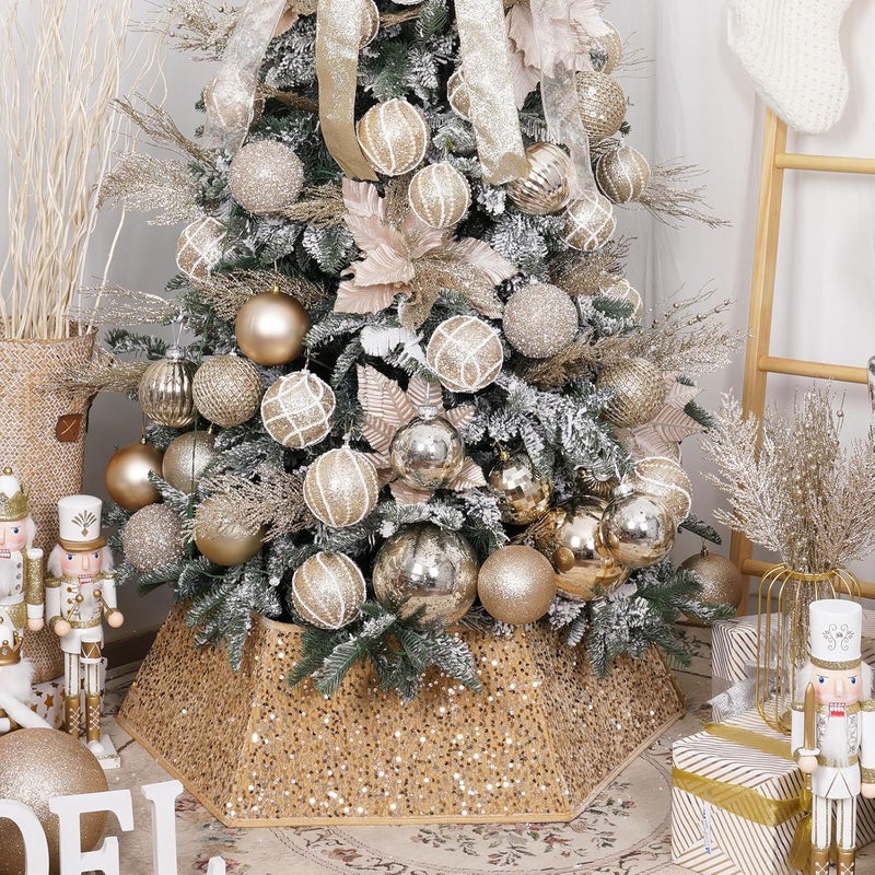 SUNSHINE DECOR طوق شجرة عيد الميلاد باللون الذهبي الشمباني مع لامع من الترتر، أطواق شجرة عيد الميلاد للأشجار الاصطناعية، تنورة شجرة عيد الميلاد بطول 33.5 بوصة، غطاء قاعدة شجرة عيد الميلاد، حلقة شجرة ديكور المنزل في العطلات (كبيرة) - Image 1