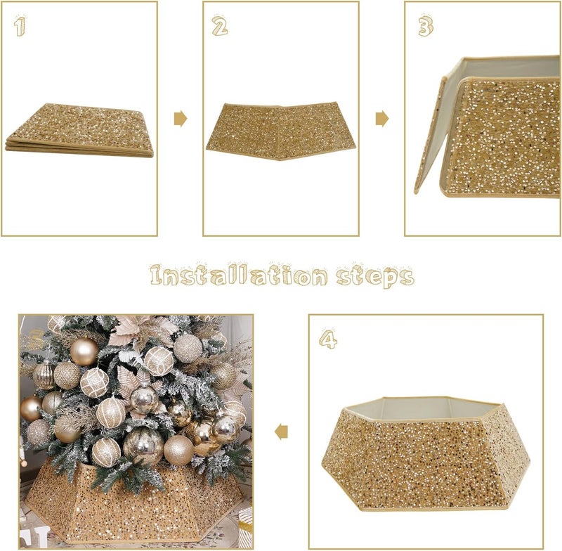 SUNSHINE DECOR طوق شجرة عيد الميلاد باللون الذهبي الشمباني مع لامع من الترتر، أطواق شجرة عيد الميلاد للأشجار الاصطناعية، تنورة شجرة عيد الميلاد بطول 33.5 بوصة، غطاء قاعدة شجرة عيد الميلاد، حلقة شجرة ديكور المنزل في العطلات (كبيرة) - Image 2