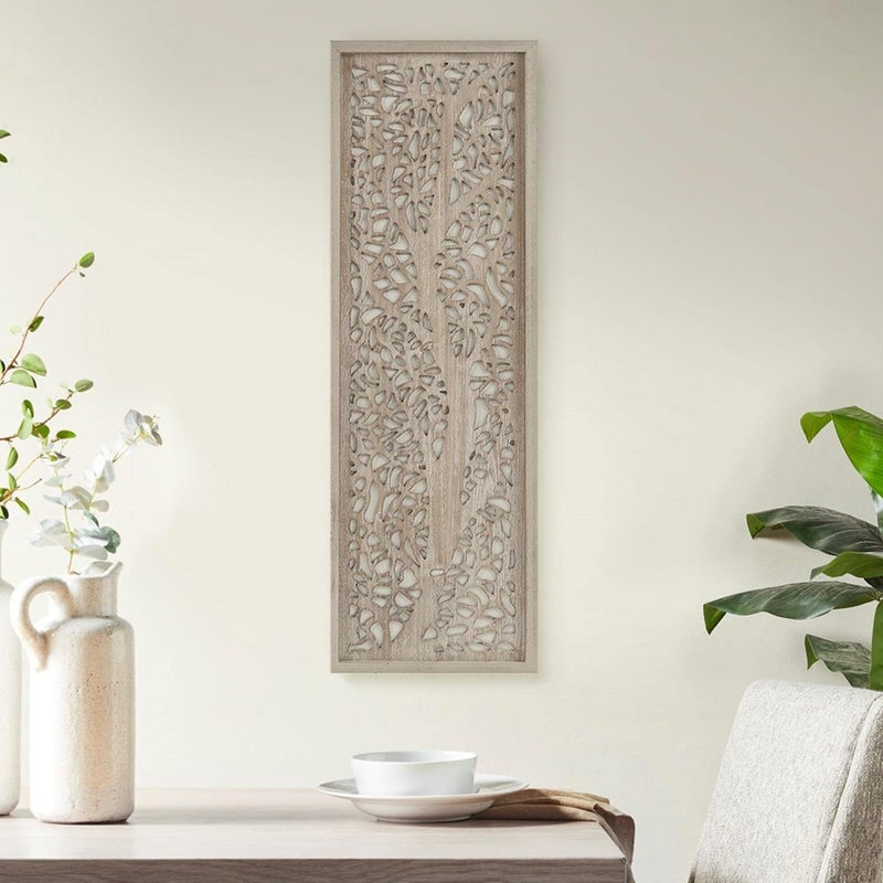 Madison Park Laurel Wall Art - Laser Cut Carved Botanical Tree Branches, Genuine Fir Wooden Framed, Rustic Finish - Modern Farmhouse DÃ©cor for Living Room, Ready to Hang Panel, 12 x 36", Grey - Image 3