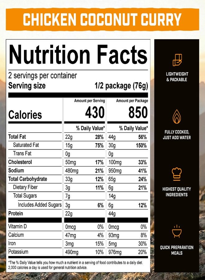 Peak Refuel Chicken Coconut Curry | Freeze Dried Backpacking and Camping Food | Amazing Taste & Quality | High Protein | Real Meat | Quick Prep (2 Serving Pouch) - Image 3