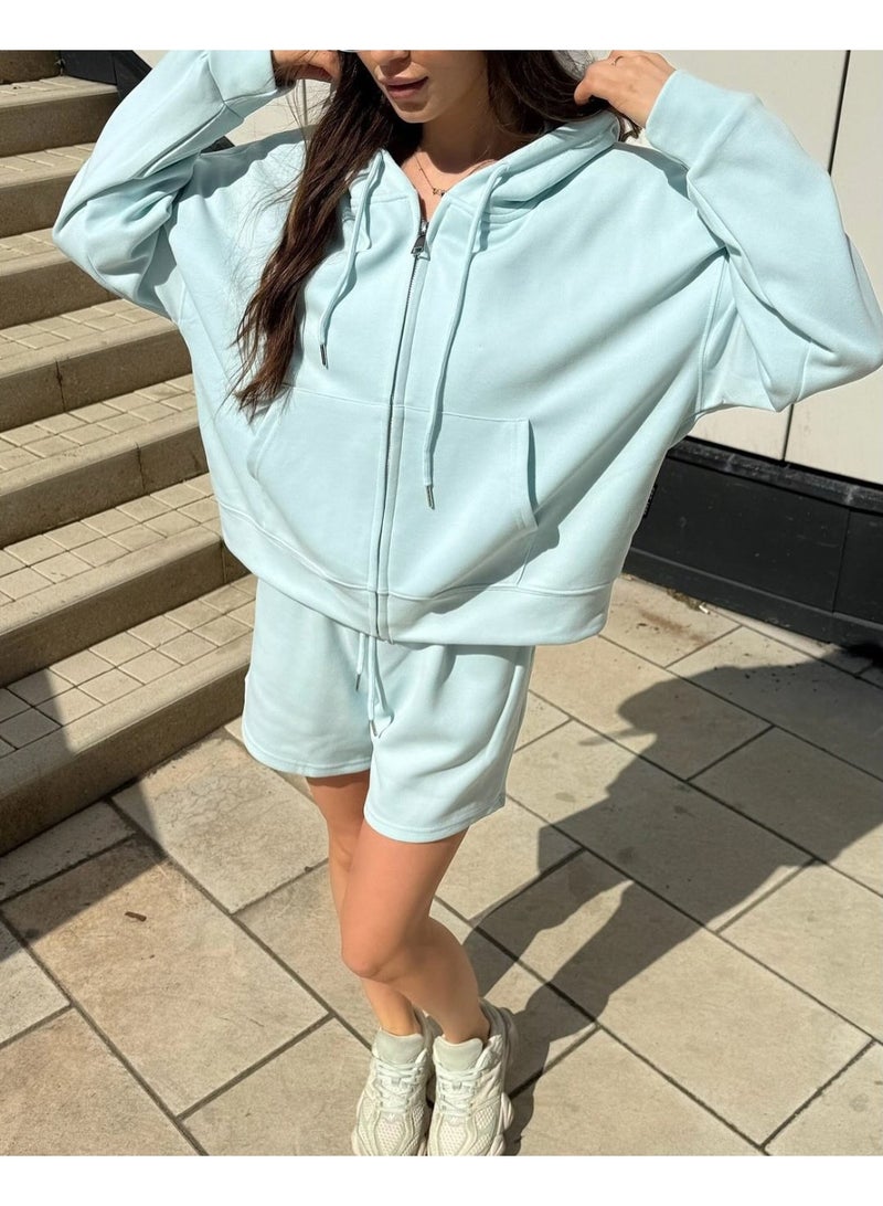 NIBEMINENT Spring Fall Fashion Sport Sets Women's Simple Cardigan Hooded Top & Shorts Set Two-piece Casual Tracksuit Streetwear 2pcs - Image 1