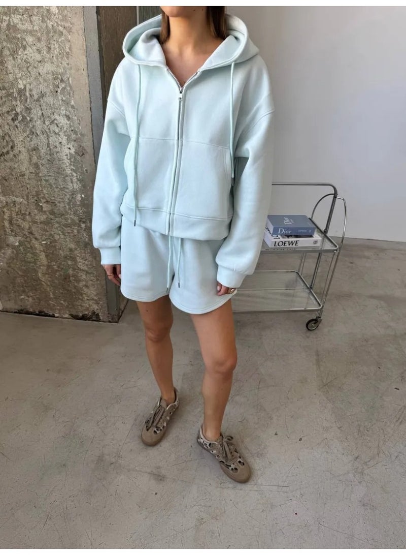 NIBEMINENT Spring Fall Fashion Sport Sets Women's Simple Cardigan Hooded Top & Shorts Set Two-piece Casual Tracksuit Streetwear 2pcs - Image 2