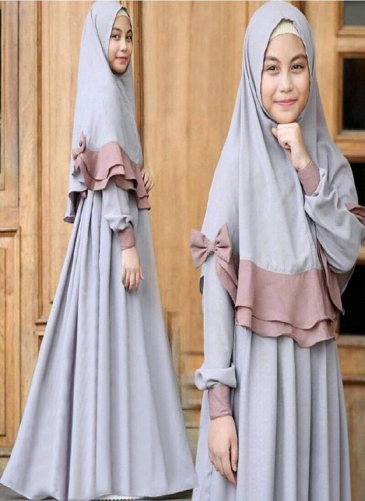 Eckek - Muslim Children Girls 2 Pieces Prayer Dress Hijab Abaya Ramadan Sets Arab Kids Kaftan Jilbab Headscarf Long Sleeve Robe Islamic Chador Gown - Image 1