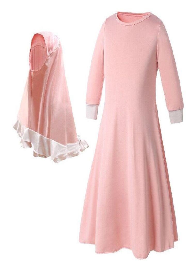 Eckek - Muslim Children Girls 2 Pieces Prayer Dress Hijab Abaya Ramadan Sets Arab Kids Kaftan Jilbab Headscarf Long Sleeve Robe Islamic Chador Gown - Image 1