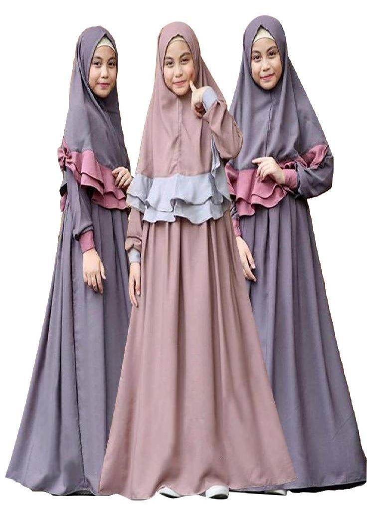 Eckek - Muslim Children Girls 2 Pieces Prayer Dress Hijab Abaya Ramadan Sets Arab Kids Kaftan Jilbab Headscarf Long Sleeve Robe Islamic Chador Gown - Image 1
