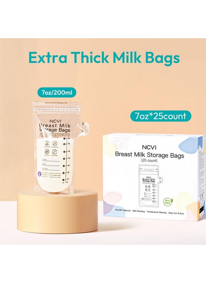 NCVI - NCVI Breastmilk Storage Bags, 25 Count Milk Storage Bags for Breastfeeding, 7oz Breast Milk Storage Bags with Temp-Sensing, Doubled-Sealed, Hygienically, Self Standing, Easy Pour Spout, BPA Free - Image 1